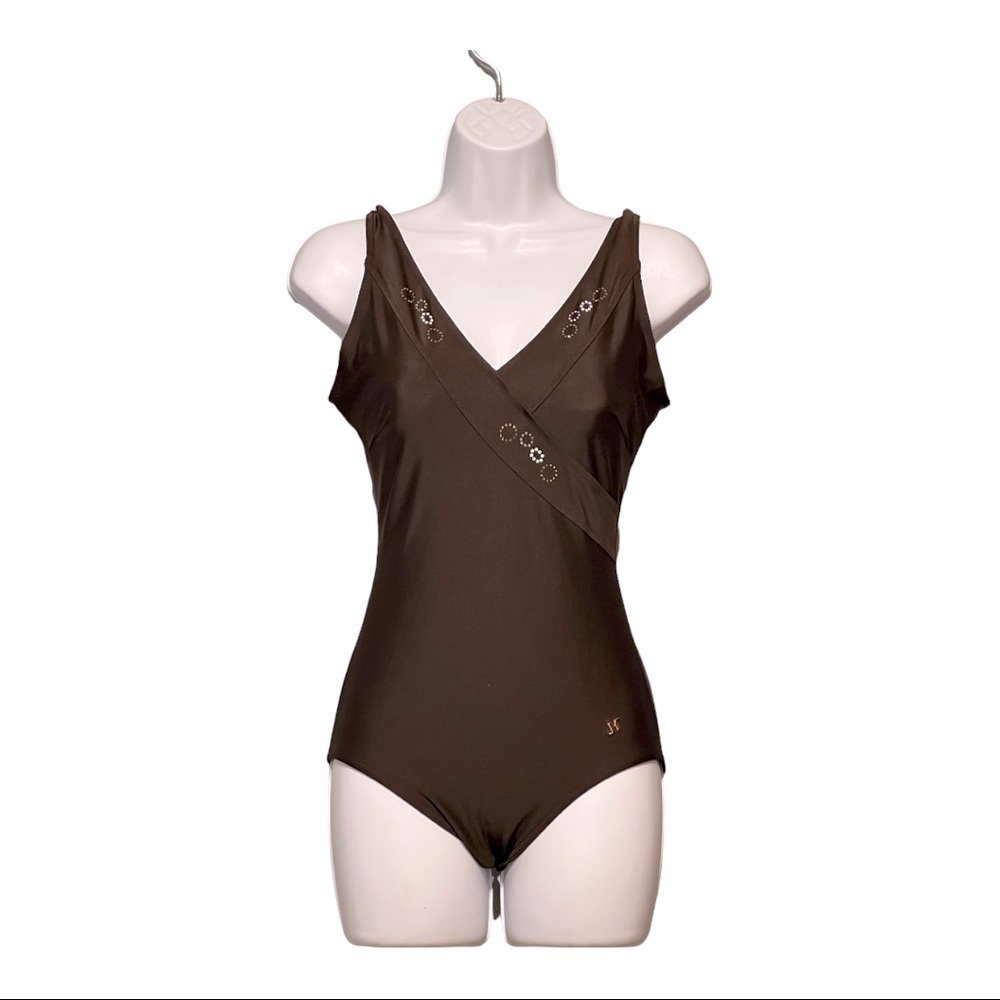 Janine Robin Swarovski Low-Back Jeweled French One-Piece Swimsuit Brown size 10